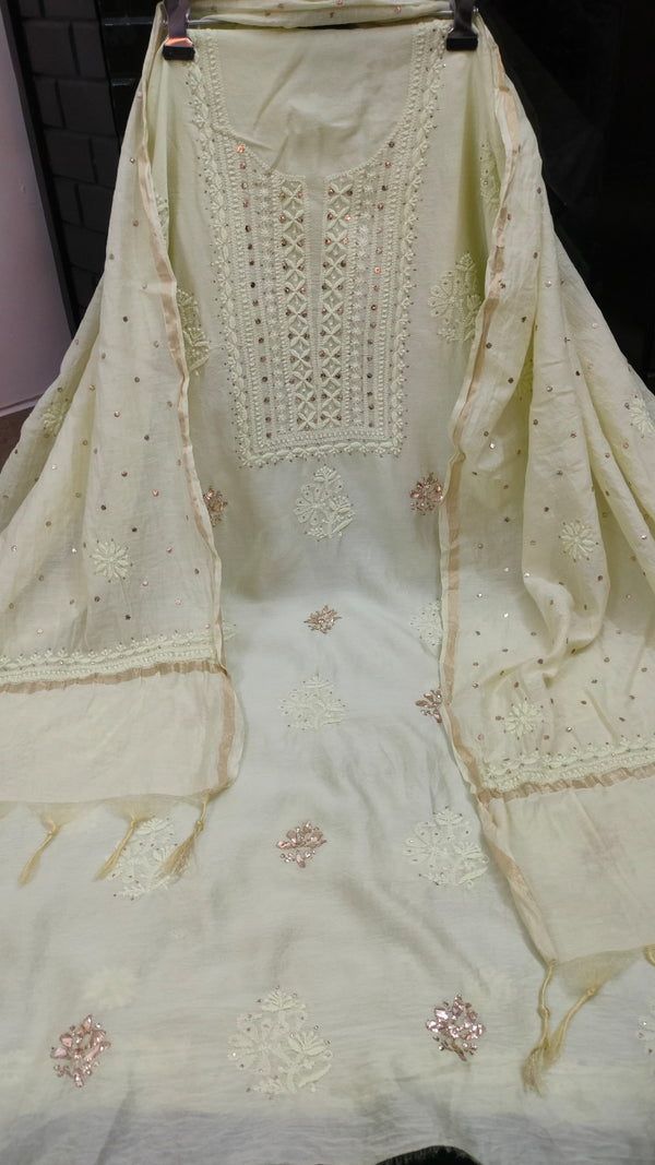 Pure Chanderi Silk Chikankari work Unstitched Suit embellished with badla and mukaish work