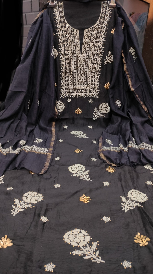 Pure Chanderi Silk Chikankari work Unstitched Suit embellished with badla and mukaish work