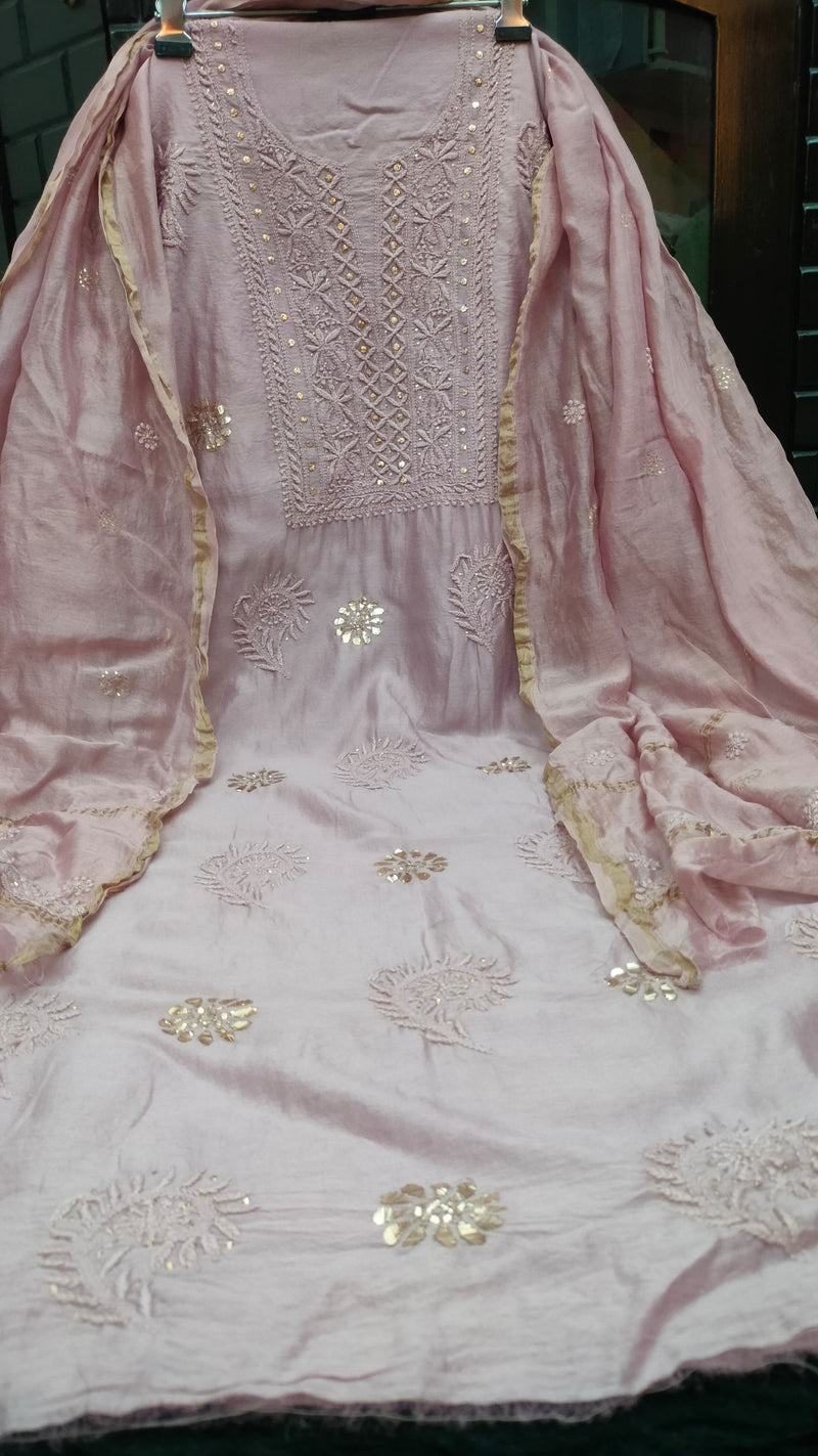 Pure Chanderi Silk Chikankari work Unstitched Suit embellished with badla and mukaish work