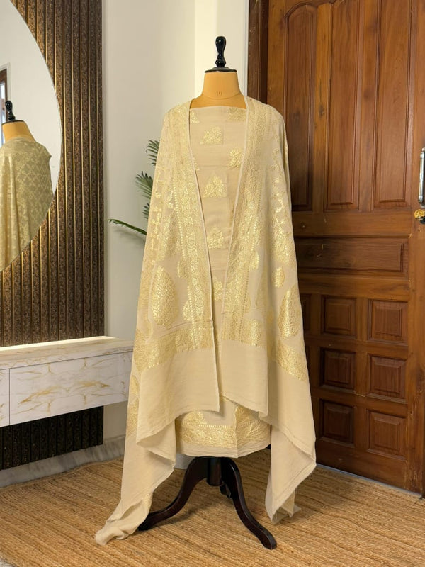 Pure Banarasi Moonga silk Unstitched Suit Set In Beige color