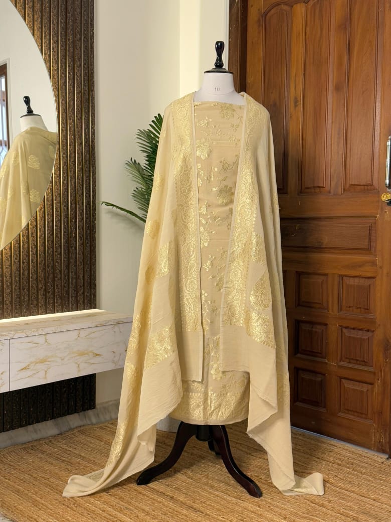 Pure Banarasi Moonga silk Unstitched Suit Set In Beige color