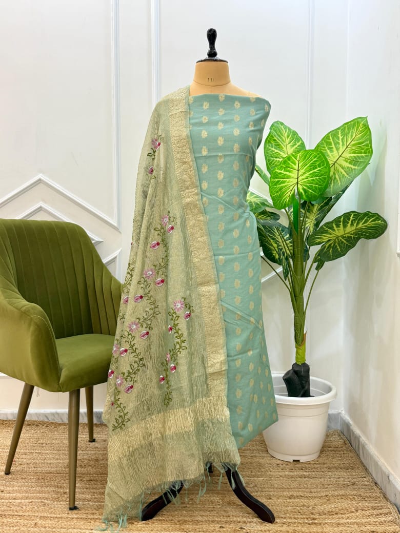 Banarasi Unstitched Suit with Tissue Silk Dupatta with embroidery work