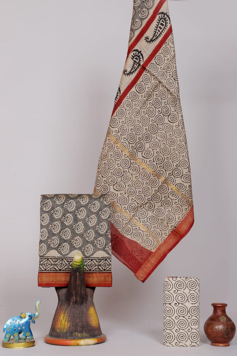 Pure Maheshwari Silk Hand block print Unstitched Suit