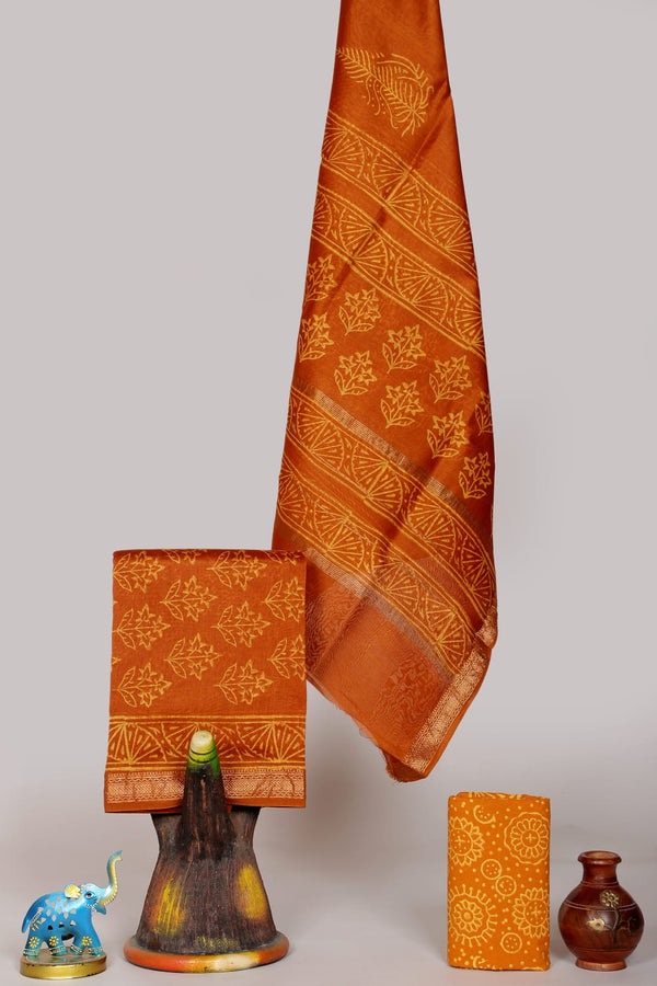 Pure Maheshwari Silk Hand block print Unstitched Suit