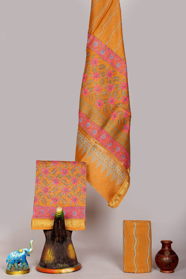 Pure Maheshwari Silk Hand block print Unstitched Suit