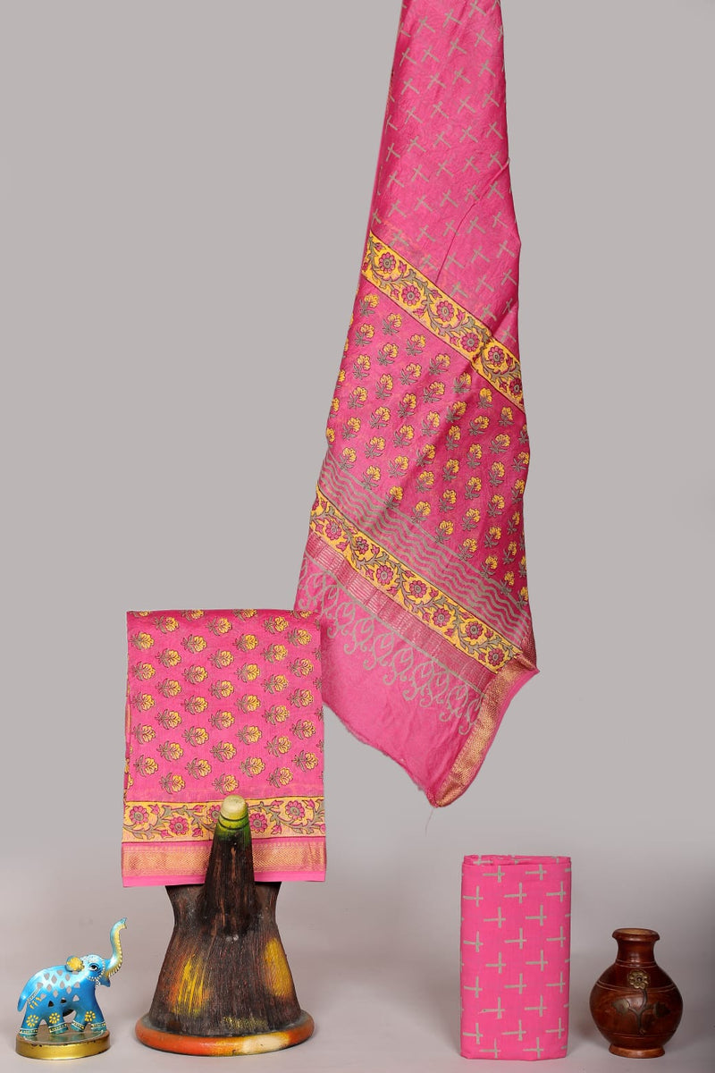 Pure Maheshwari Silk Hand block print Unstitched Suit