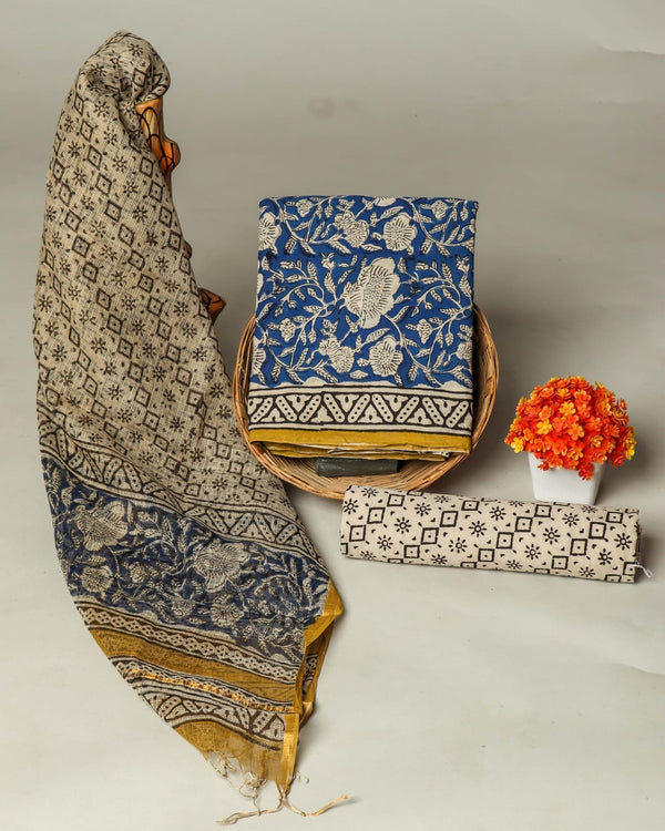 Pure Cotton Hand block print Unstitched Suit with Kota Dupatta