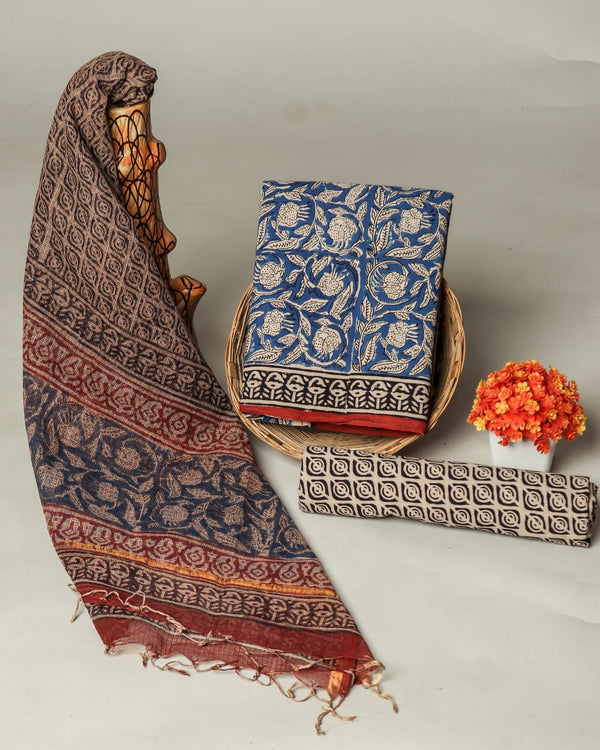 Pure Cotton Hand block print Unstitched Suit with Kota Dupatta