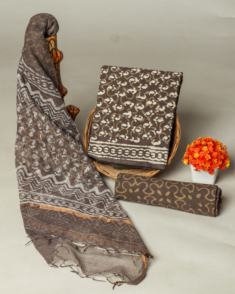 Pure Cotton Hand block print Unstitched Suit with Kota Dupatta