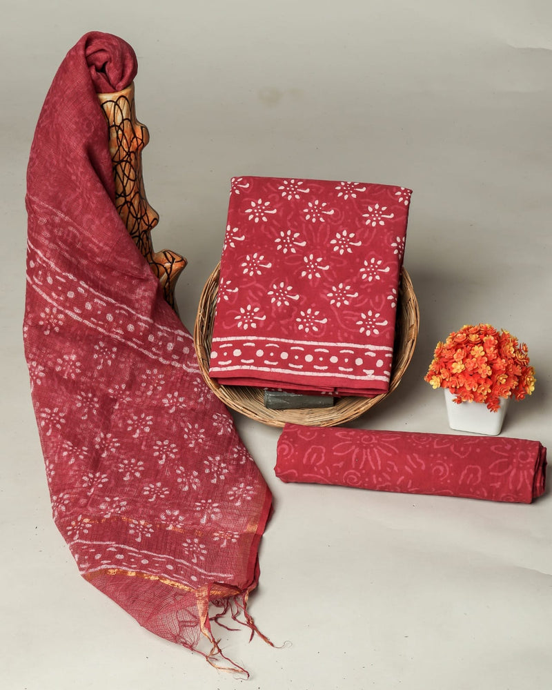 Pure Cotton Hand block print Unstitched Suit with Kota Dupatta