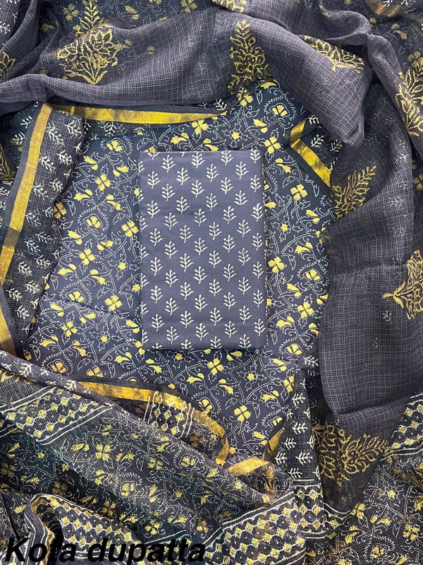 Pure Cotton Hand block print Unstitched Suit with Kota Dupatta