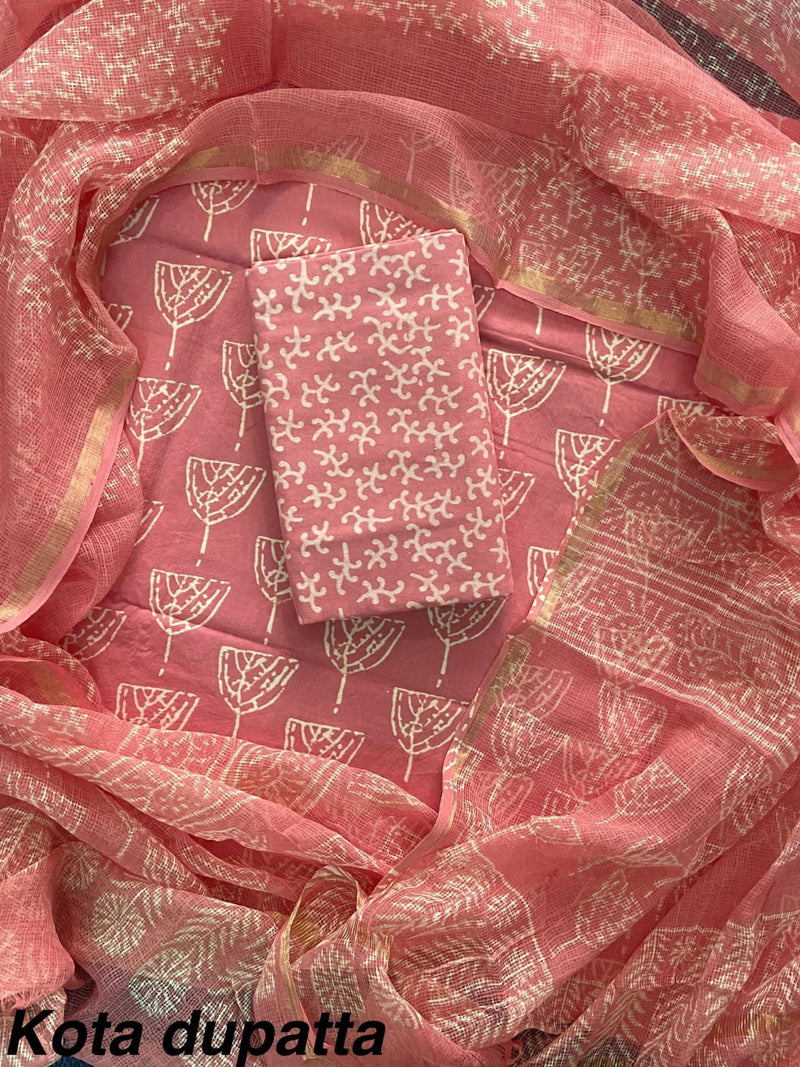 Pure Cotton Hand block print Unstitched Suit with Kota Dupatta