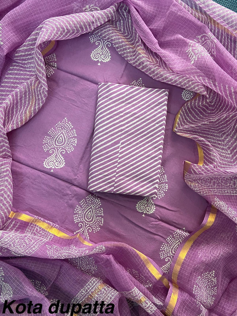 Pure Cotton Hand block print Unstitched Suit with Kota Dupatta