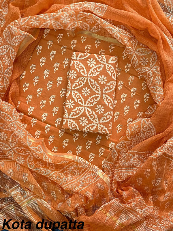 Pure Cotton Hand block print Unstitched Suit with Kota Dupatta