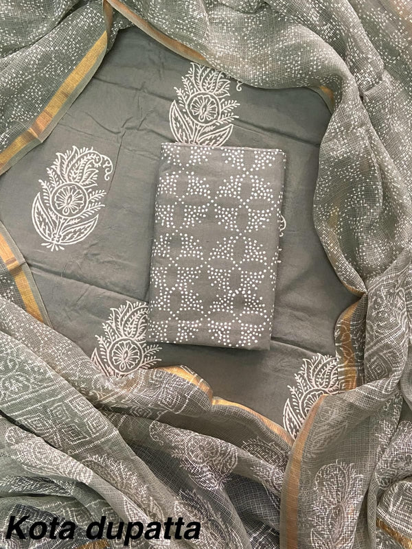 Pure Cotton Hand block print Unstitched Suit with Kota Dupatta