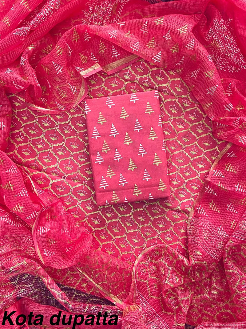 Pure Cotton Hand block print Unstitched Suit with Kota Dupatta