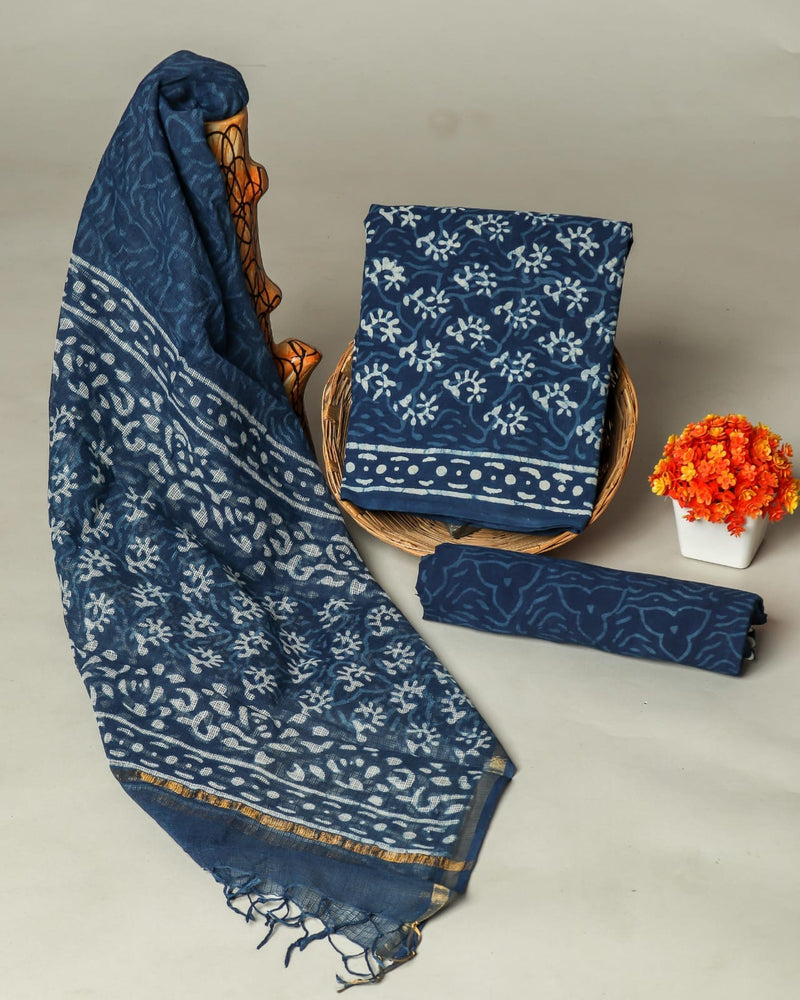 Pure Cotton Hand block print Unstitched Suit with Kota Dupatta