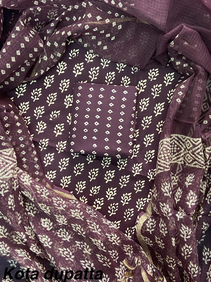 Pure Cotton Hand block print Unstitched Suit with Kota Dupatta