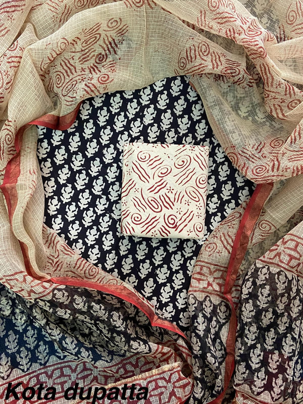 Pure Cotton Hand block print Unstitched Suit with Kota Dupatta