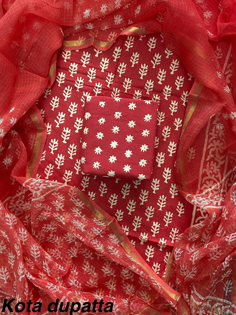 Pure Cotton Hand block print Unstitched Suit with Kota Dupatta