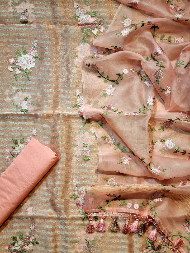 Pure Banarasi Organza Silk Unstitched Suit with Embroidery Work in Peach