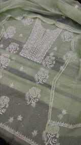 Premium 2pc Organza Chikankari Work Unstitched Suit with Pearl and Cutdana Work