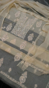 Premium 2pc Organza Chikankari Work Unstitched Suit with Pearl and Cutdana Work