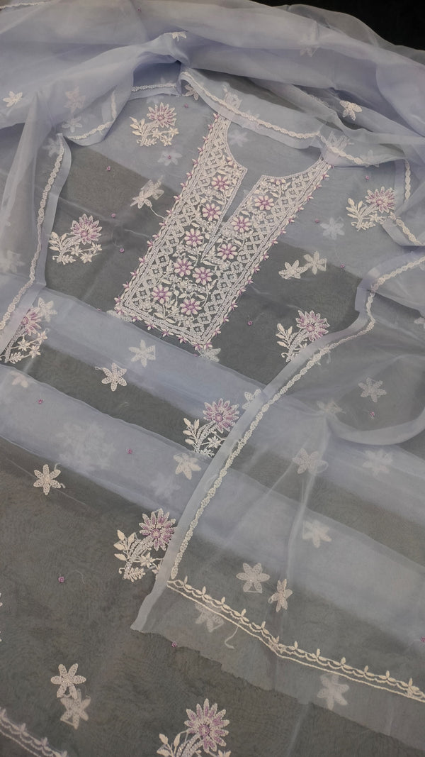 Premium 2pc Organza Chikankari Work Unstitched Suit with Pearl and Cutdana Work