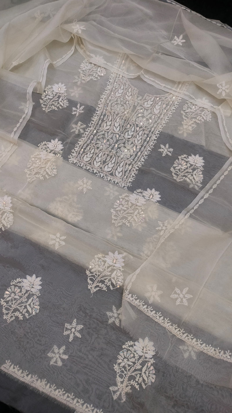 Premium 2pc Organza Chikankari Work Unstitched Suit with Pearl and Cutdana Work