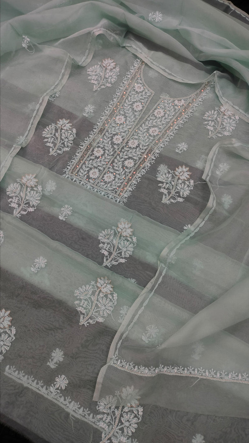 Premium 2pc Organza Chikankari Work Unstitched Suit with Pearl and Cutdana Work