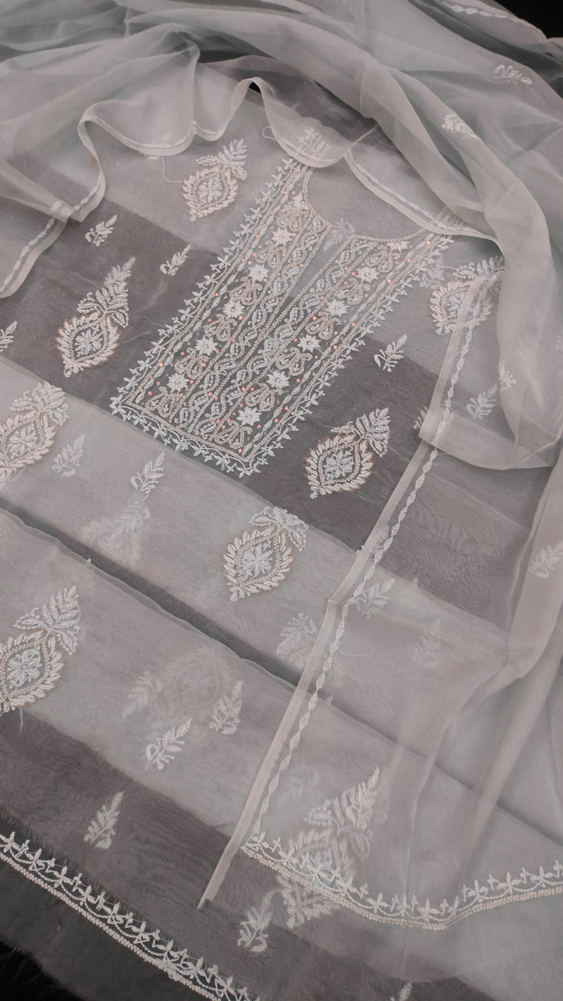 Premium 2pc Organza Chikankari Work Unstitched Suit with Pearl and Cutdana Work