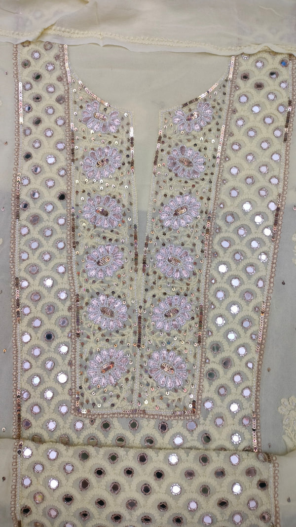 Premium Viscose Chikankari Work Unstitched Suit with Heavy pearl, moti and Gota Patti work