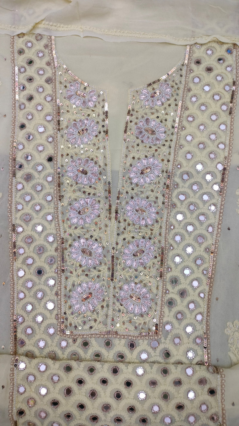 Premium Viscose Chikankari Work Unstitched Suit with Heavy pearl, moti and Gota Patti work