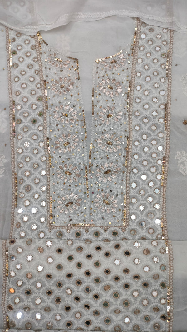 Premium Viscose Chikankari Work Unstitched Suit with Heavy pearl, moti and Gota Patti work