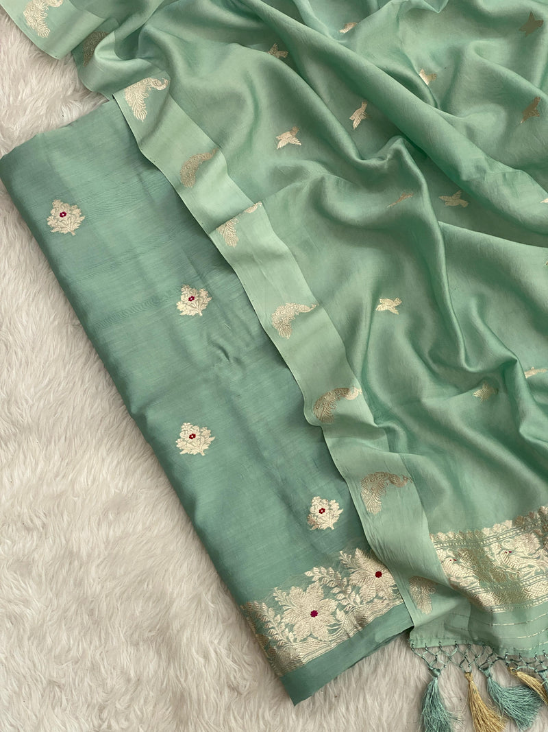 Pure Banarasi Chanderi Silk Khadwa Buti Work Unstitched Suit with Kora Silk Dupatta