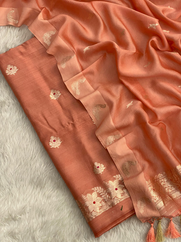 Pure Banarasi Chanderi Silk Khadwa Buti Work Unstitched Suit with Kora Silk Dupatta