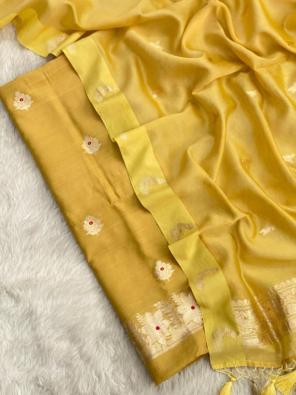 Pure Banarasi Chanderi Silk Khadwa Buti Work Unstitched Suit with Kora Silk Dupatta