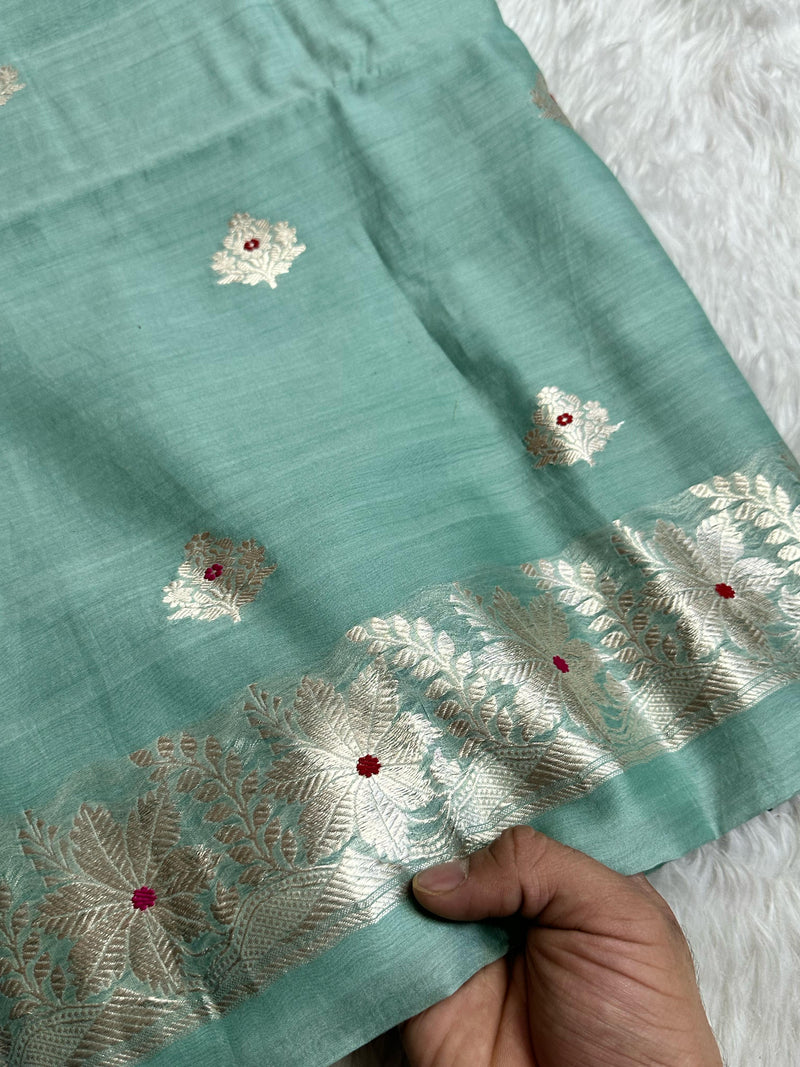 Pure Banarasi Chanderi Silk Khadwa Buti Work Unstitched Suit with Kora Silk Dupatta