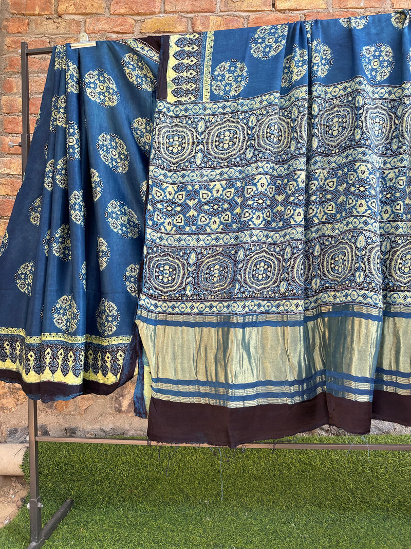 Pure Modal Silk Saree With Azrakh Hand Block Print