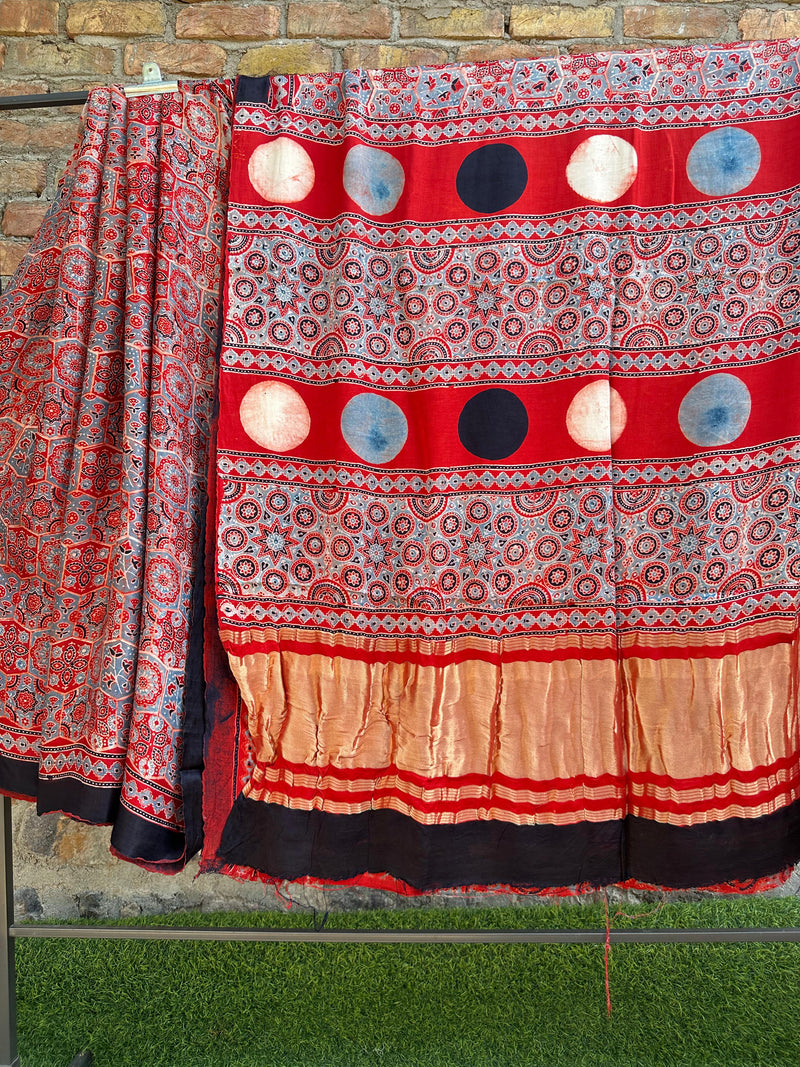 Pure Modal Silk Saree With Azrakh Hand Block Print