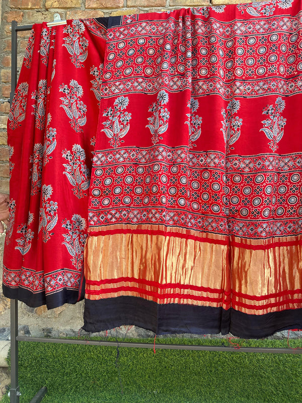 Pure Modal Silk Saree With Azrakh Hand Block Print