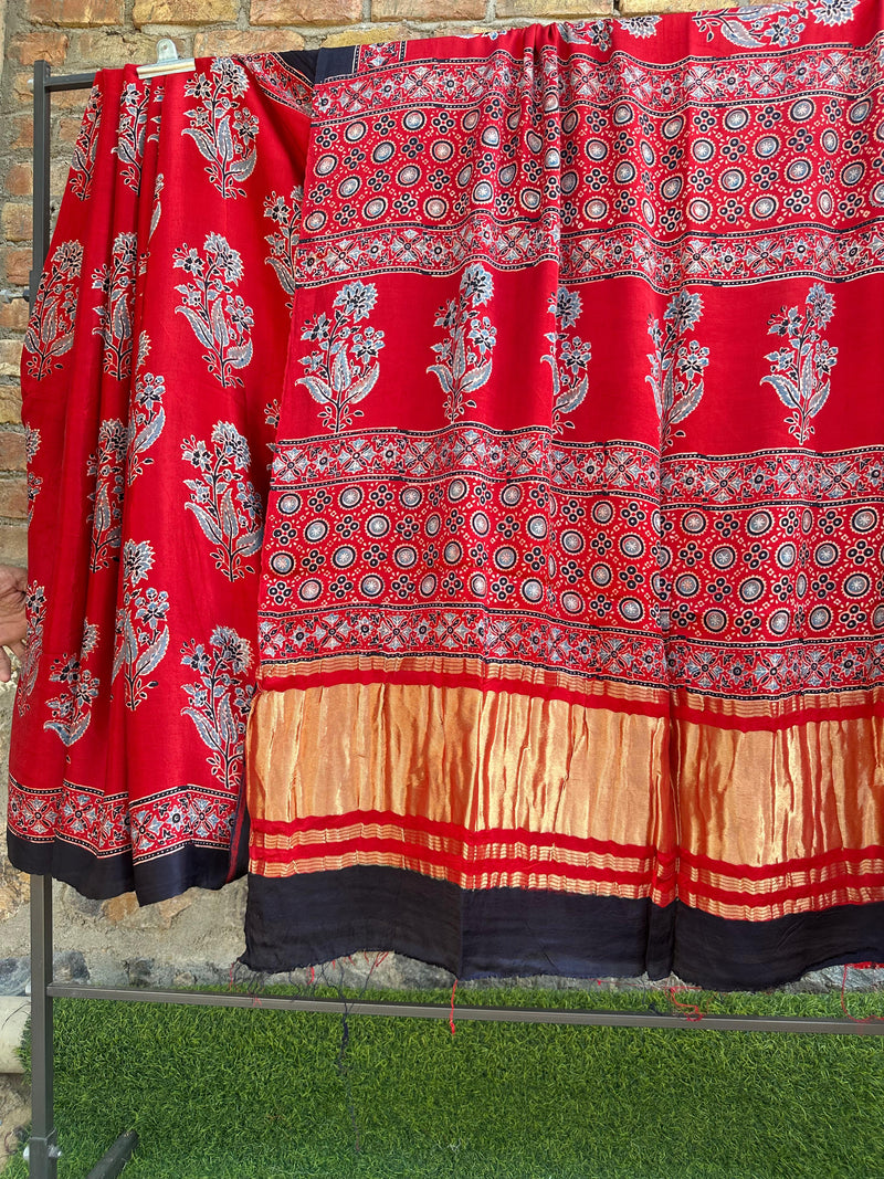 Pure Modal Silk Saree With Azrakh Hand Block Print