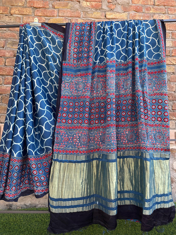 Pure Modal Silk Saree With Azrakh Hand Block Print