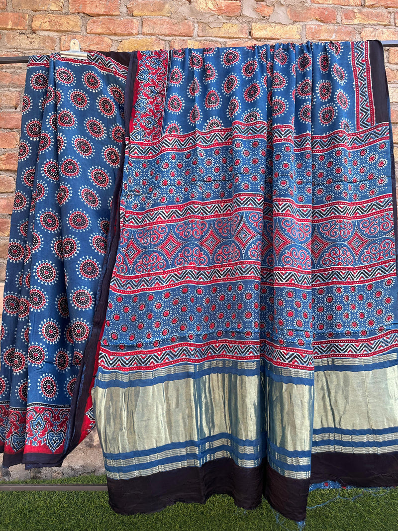 Pure Modal Silk Saree With Azrakh Hand Block Print