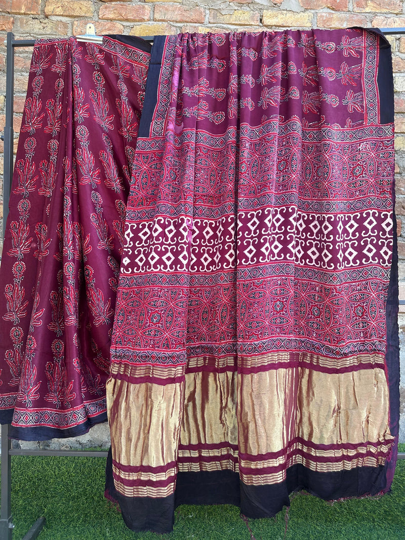 Pure Modal Silk Saree With Azrakh Hand Block Print