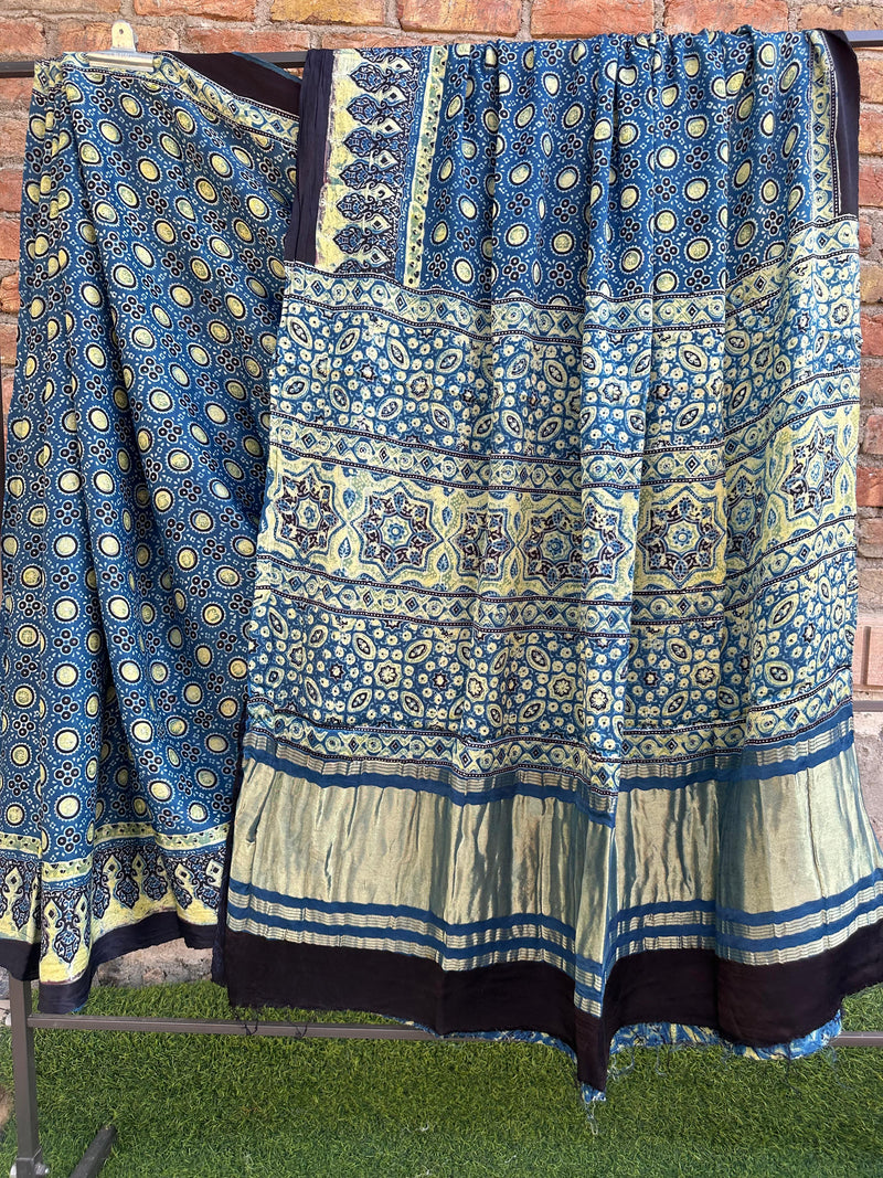 Pure Modal Silk Saree With Azrakh Hand Block Print