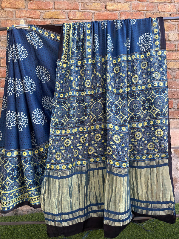 Pure Modal Silk Saree With Azrakh Hand Block Print