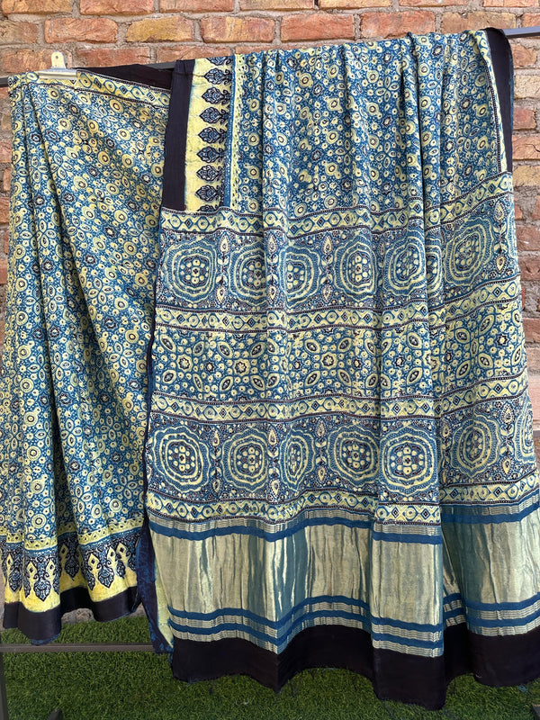 Pure Modal Silk Saree With Azrakh Hand Block Print