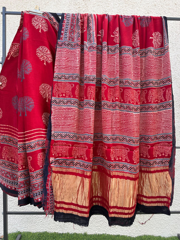 Pure Modal Silk Saree With Azrakh Hand Block Print