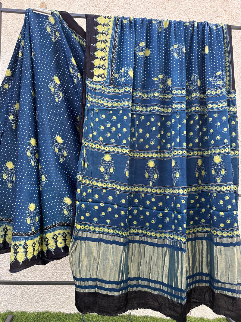 Pure Modal Silk Saree With Azrakh Hand Block Print